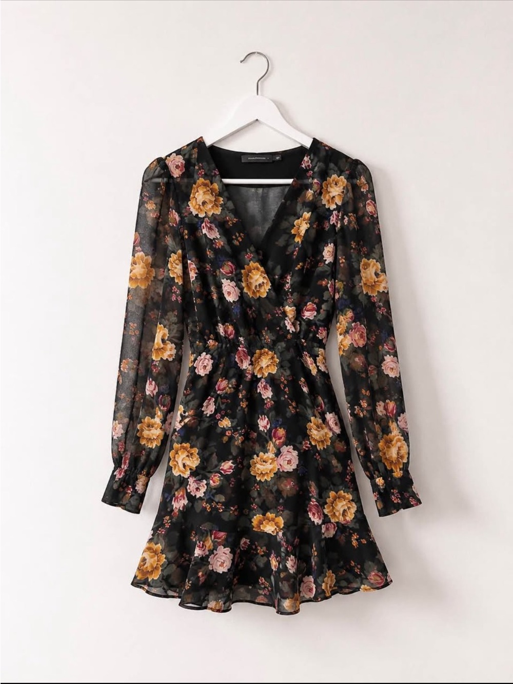 Dynamite Black Floral Wrap Long-Sleeve Mini Dress